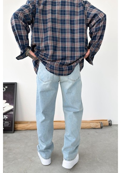 Eskitme Buz Mavi Basic Baggy Fit Pantolon Mavi