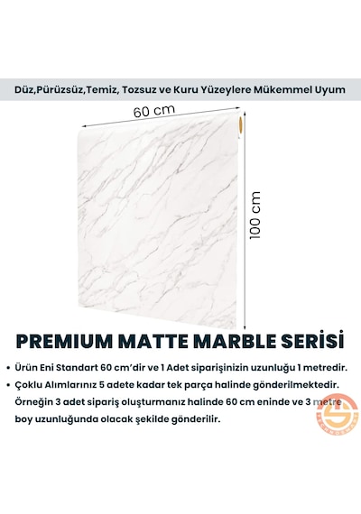 Technosmart 60x100cm Mat Mermer Desenli Kendinden Yapışkanlı Duvar Kağıdı Kaplama Mutfak Masa Folyo Beyaz