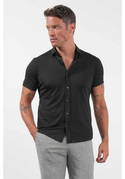 İmza Siyah İtalyan Yaka Kısa Kol Cepsiz Slim Fit Pamuklu Gömlek 1004260158