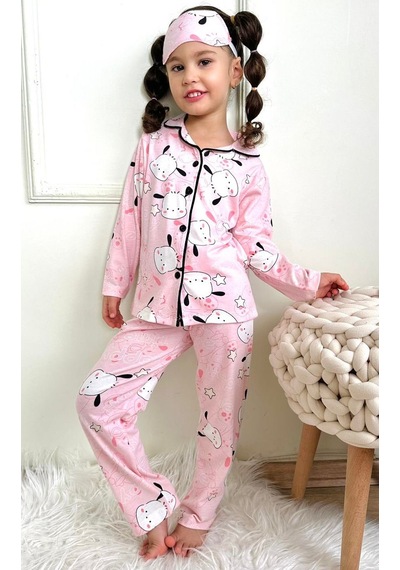 Lolliboomkids Kız Çocuk Pembe Renk Kuzu Desenli Baskılı Pijama Takımı Göz / Uyku Bantlı Kuzu Pembe