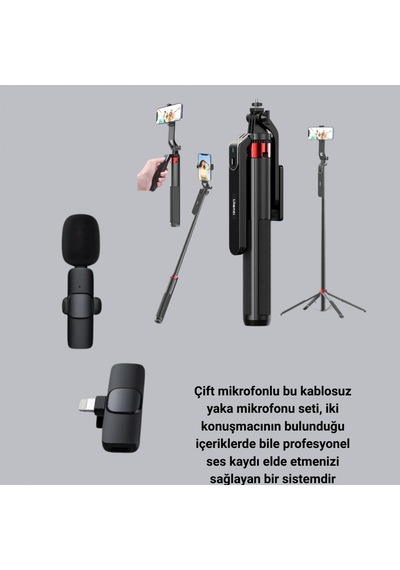 Çift Kablosuz Yaka Mikrofonu Ve Tripodlu Selfie Çubuğu Seti Lightning Uyumlu, Gürültü Azaltma