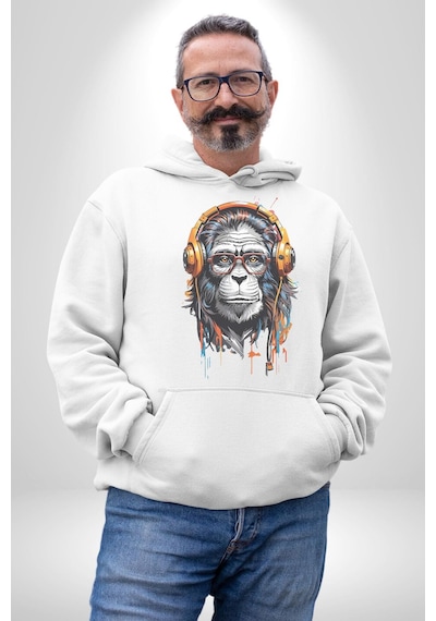 Kulaklık Maymun Müzik Dinliyor Kadın Erkek Beyaz Kapüşonlu Sweatshirt Hoodie Beyaz Kulaklık Maymun Müzik Dinliyor Kadın Erkek Beyaz Kapüşonlu Sweatshirt Hoodie Beyaz