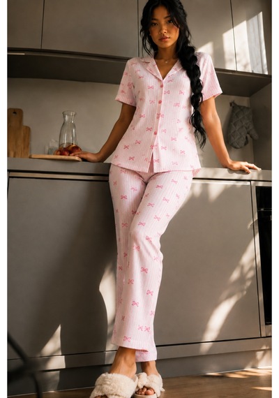 Kadın Zarif Yaka Dokulu Ferah Pembe Pijama Takımı