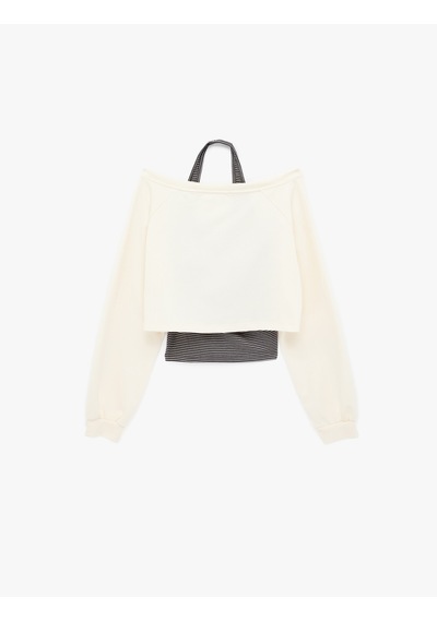 Koton Rahat Kalıp Uzun Kollu Boyundan Bağlama Detaylı Crop Baskılı Sweatshirt Ekru 6sal10378ık