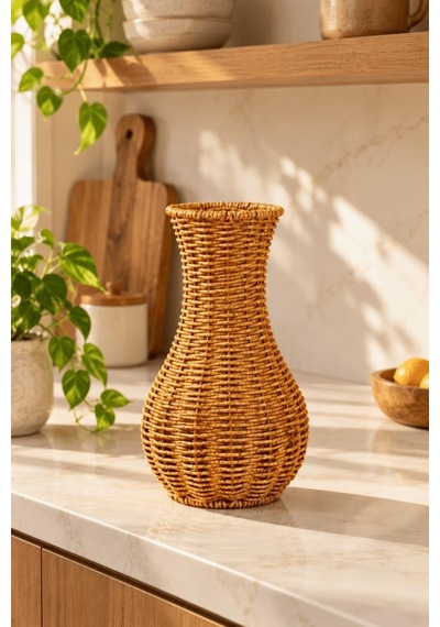 Atbyhome Doğal Hasır Rattan Çiçek Vazosu 25.5 Cm - Masa Üstü Dekoratif El Örgüsü Kuru Çiçeklik Ve Saksı Kahverengi