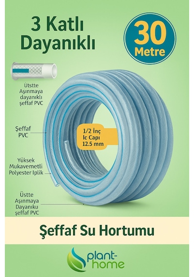 Şeffaf Su Hortumu 30 Metre 1/2 İnç 12,5 Mm 3 Katlı Dayanıklı Pvc Bahçe Hortumu