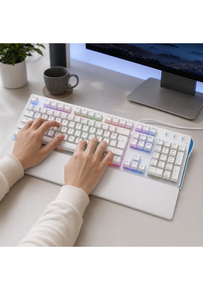 Türkçe Q Mekanik Gaming Klavye Kablolu Usb Rainbow Led Aydınlatmalı Bilek Destekli Full Size Beyaz