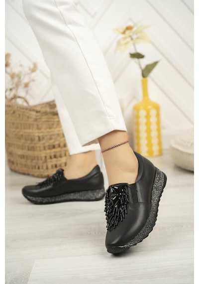 Nesil Shoes Sdf 332 Siyah Cilt Taşlı Kadın Ayakkabı Siyah