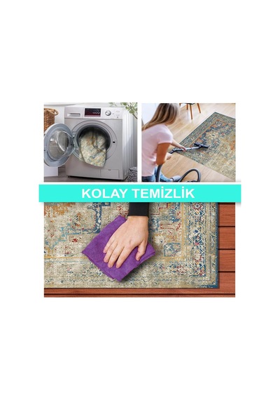 Latte Dizayn Kenzie Kadife Pamuk Tabanlı Yıkanabilen Kaydırmaz Antibakteriyel Salon Halısı 80x150 Çok Renkli