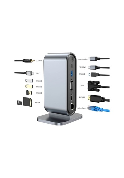 Type-C to Hdmi 4K@30Hz, VGA 4xUSB3.0, RJ45 Ethernet, Kart Okuyucu, PD 100W, 3.5mm Ses Çevirici Kablo