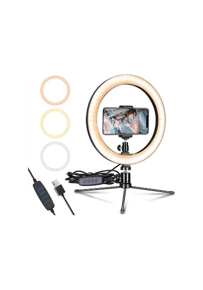 Ring Light Youtuber Tiktok Çekim Telefon Tutucu Makyaj Işığı 10 Inç +2.1 Mt Tripod+ Masa Ayaklı
