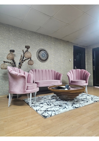 Zafir İstiridye Takım Beyaz Boyalı Telli Ayak Çay Seti Koltuk Takımı Pembe