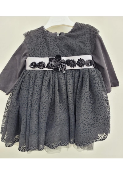 Zekids Kız Bebek Çocuk Uzun Kol Çiçek Detaylı Abiye Elbise-12335-siyah Siyah