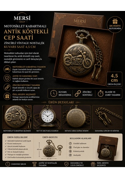 Motosiklet Tasarımlı Antik Köstekli Cep Saati Zincirli Vintage Nostaljik Saat 4,5 Cm