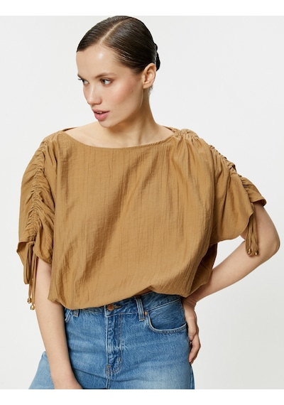 Koton Crop Bluz Drapeli Yarasa Kollu Kahverengi 4sak60345uw 4SAK60345UW517 Kahve