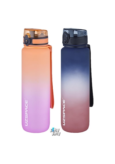 Uzspace 2'li Tritan Matara Seti 1000ml Büyük Boy Çift Renk Softtouch Ff Collection Tritan Su Matarası Mor Turuncu - Lacivert Kırmızı
