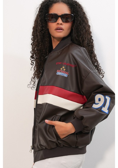 Bigdart 0698 Baskılı Suni Deri Bomber Ceket - Kahverengi