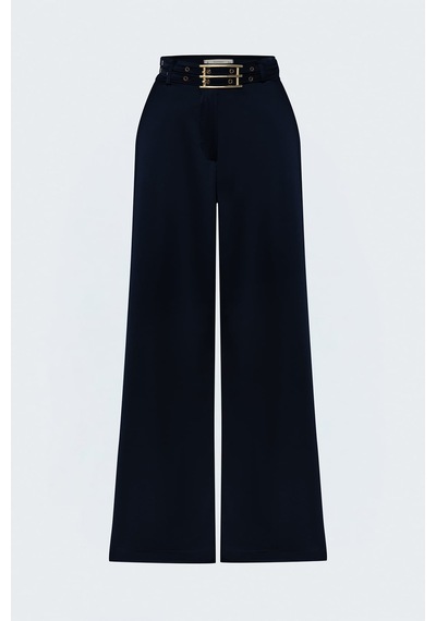 Sateen Kemer Detaylı Saten Pantolon - Lacivert-137942