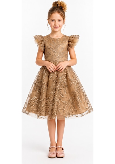 Mnk Baby & Kids Floare Kız Çocuk Abiye Elbise M00850 Kahverengi