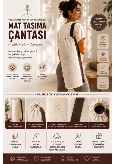 Yoga Mat Taşıma Çantası Hayat Ağacı Lotus Namaste Desenli Hambez Kanvas 70x21 Cm Koyu Kahverengi