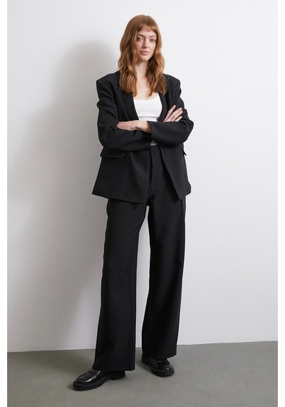 Never More Bel Detaylı Wide Leg Pantolon Siyah Siyah