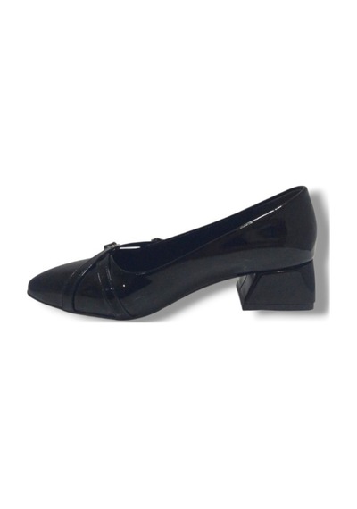 Mengi 676-26 Rugan Deri Çift Tokalı Kare Topuk Kadın Ayakkabı Siyah