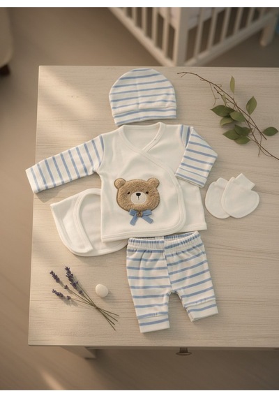 Balbeybi Yenidoğan Ayıcıklı 5 Parça Bebek Hastane Çıkış Seti %100 Pamuk Unisex Kutulu Set Beyaz