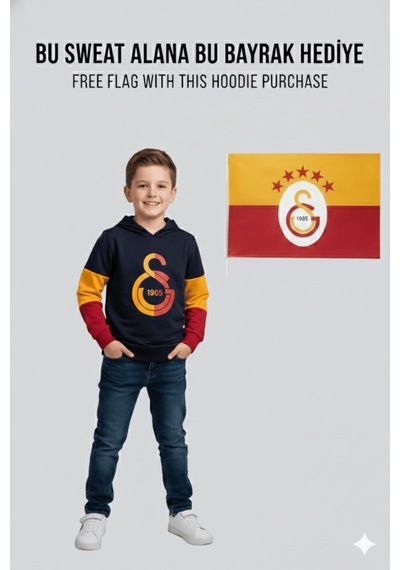 Gsstore Galatasaray Lisanslı Logo Siyah Kapüşonlu Çocuk Sweat Bayrak Kırmızı - Siyah