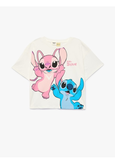 Koton Lisanslı Stitch Baskılı Kısa Kollu Bisiklet Yaka Pamuklu Tişört Ekru 6skg10494ak
