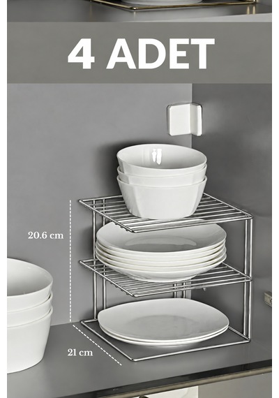 4'lü Parlak Silver 3 Katlı Metal Dolap İçi Düzenleyici Raf, Tabak, Bardak Ve Kase Organizeri Renkli