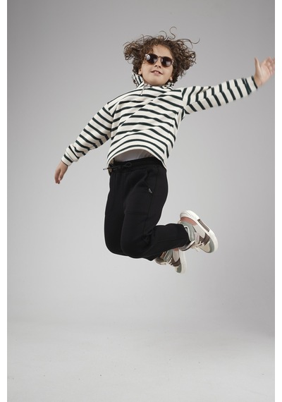 King-Brich Kingbrich Kids Oversize Kalıp Çizgili Yakası Fermuarlı Sweatshirt Yeşil