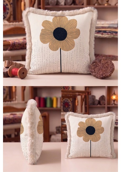 Çiçek Botanik Saçaklı Yastık Kılıfı - Minimal Floral Bohem Bej Siyah Vizon Püsküllü Kırlent Kılıfı Siyah