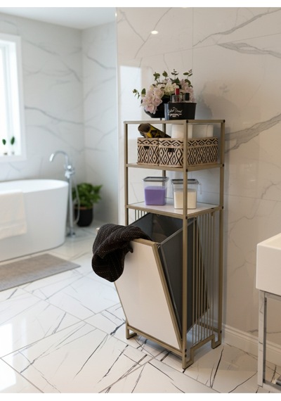 3 Raflı Çamaşır Sepeti Dolabı Metal Gövdeli Banyo Organizeri & Kirli Çamaşır Sepeti Cappucino Bej