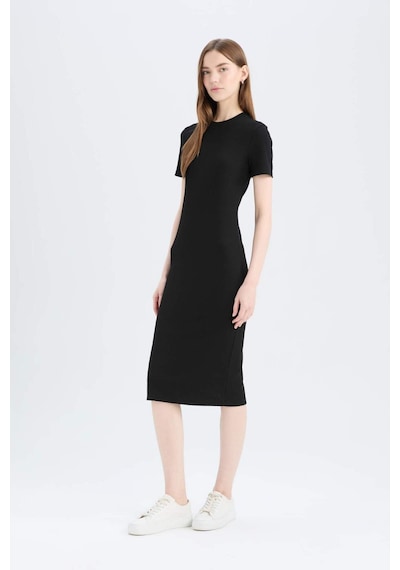 DeFacto Bodycon Vücudu Saran Bisiklet Yaka Basic Düz Fitilli Kaşkorse Kısa Kollu Midi Elbise E6926AX25SPBK81