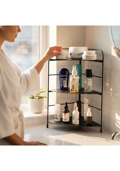 Banyo Mutfak Düzenleyici Organizer Köşe Rafı - Ayarlanabilir 3 Raflı Baharatlık Siyah Çok Renkli