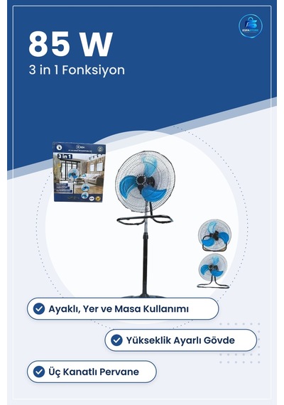Vantilatör 3 İn 1 85 W Üç Kanatlı Ayaklı Yer Ve Masa Kullanımı Sa