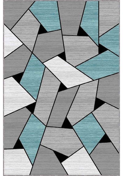 Turkuaz Geometrik Kaymaz Tabanlı Dekoratif Halı Wl03n11