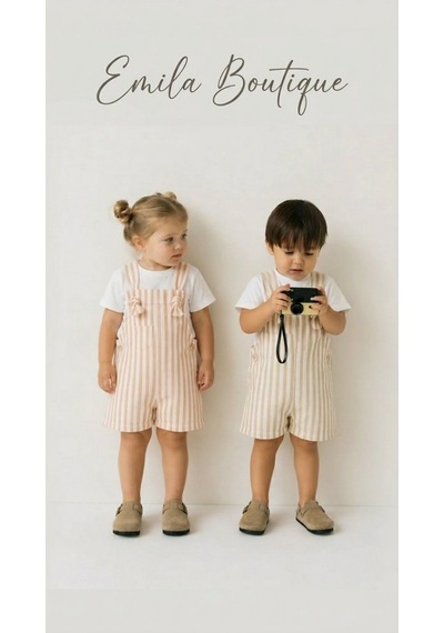 Emila Kids 1-4 Yaş Çocuk Çizgili Ham Kot Şort - Salopet Bej