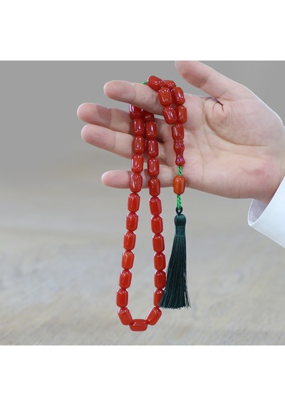 Tesbihname Çubuk Sıkma Kehribar Tesbih - Osmanlı Saray Püsküllü - Maxi Boy - Kırmızı - Kapsül Kesim