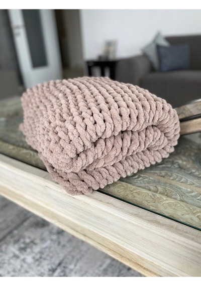 Sütlü Kahve Puffy El Örgüsü Battaniye Kahverengi