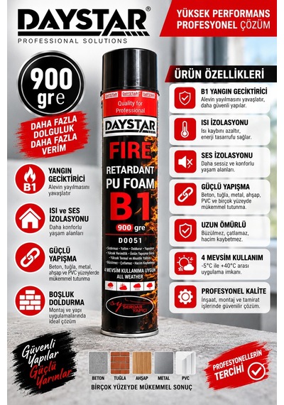 Daystar B1 Yangın Geciktirici Pu Köpük 900 Gr Isı Ve Ses Yalıtımı, Boşluk Doldurma Köpüğü