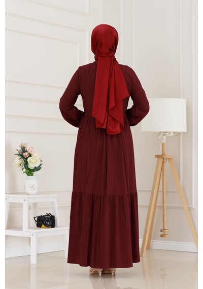 Sevitli Gömlek Yaka Beli Tünelli Sare Elbise-bordo-5067 Bordo