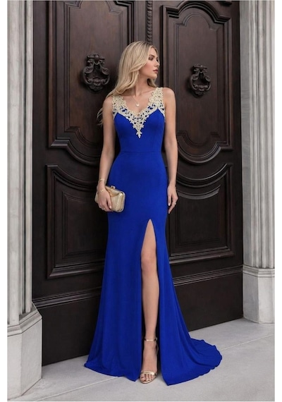 Lior Design Kadın Özgün Tasarım V Yaka Yırtmaçlı Askılı Abiye Elbise Saks