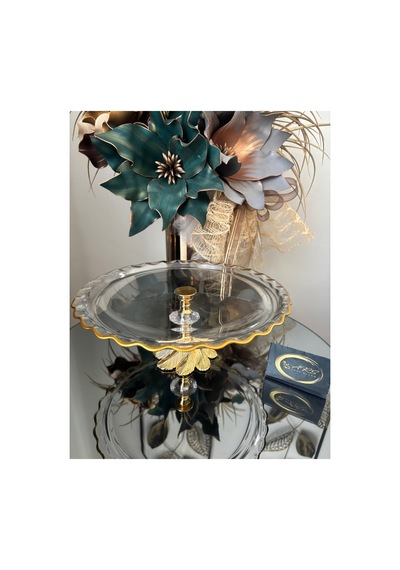 Paşabahçe Yuvarlak Şekilli Gold Yaldızlı Metal Ayaklı Dekoratif Sunumluk Modern Tabak Cam Stand Çok Renkli