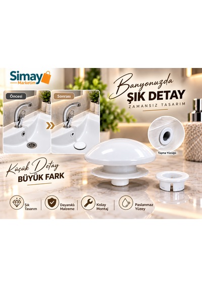 Lavabo Gider Süzgeci Bas Aç Pop-up Sistem Taşma Yüzüklü Dayanıklı Tasarım Beyaz