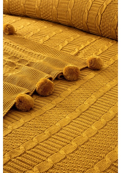 Sevim Çift Kişilik Ponponlu Triko Örme Battaniye - Yumuşak Doku & Şık Tasarım - Mint Yeşili - 220x240 Cm Hardal Hardal