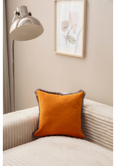 Swita Home Saçaklı Tek Renk 43x43 Kırlent Kılıfı Hardal - Taba - Gri