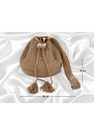 El Örgüsü Kadın Çanta - Büzgülü Omuz Çapraz Çanta - Astarlı -el Yapımı Açık Kahverengi