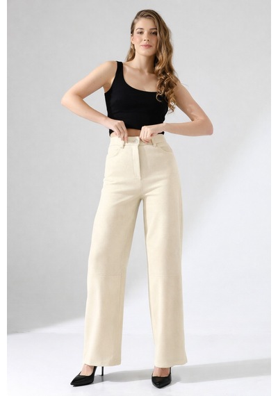 Gugus Kadın Trend Süet Palazzo Pantolon Wide Leg Ekru