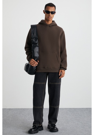Grımelange CARTMEL Erkek Örme 3 İplik Relaxed Fit Rahat Kalıp Kanguru Cepli Kapüşonlu Kahverengi Sweatshirt